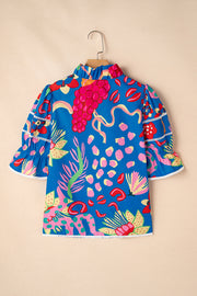 Blue Abstract Print Frilled Collar Ruffled Puff Short Sleeve Top
