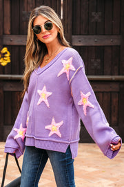Lavendula Brushed Star Graphic V Neck Drop Shoulder Oversize Sweater