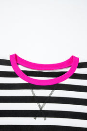 Black Stripe Contrast Ribbed Banding Long Sleeve Blouse Loose Shorts Set