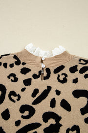 Brown Leopard Pattern Lace Ribbed Detail Button Cuffed Sweater