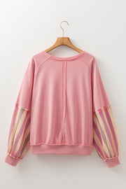 Blossom Striped Mesh Sleeve Patchwork Exposed Seam Casual Pullover Top