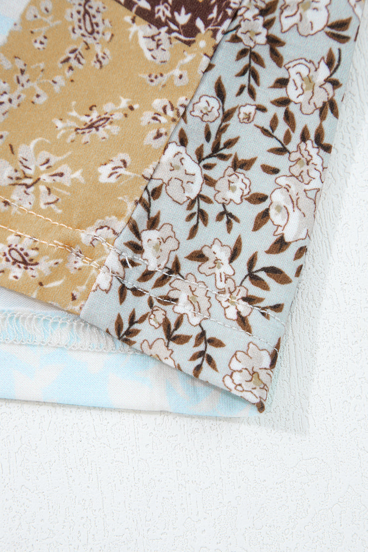 White Floral Printed Contrast Patchwork Long Sleeve Top
