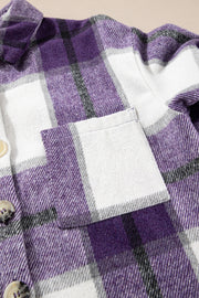 Purple Plaid Color Block Buttoned Long Sleeve Jacket with Pocket