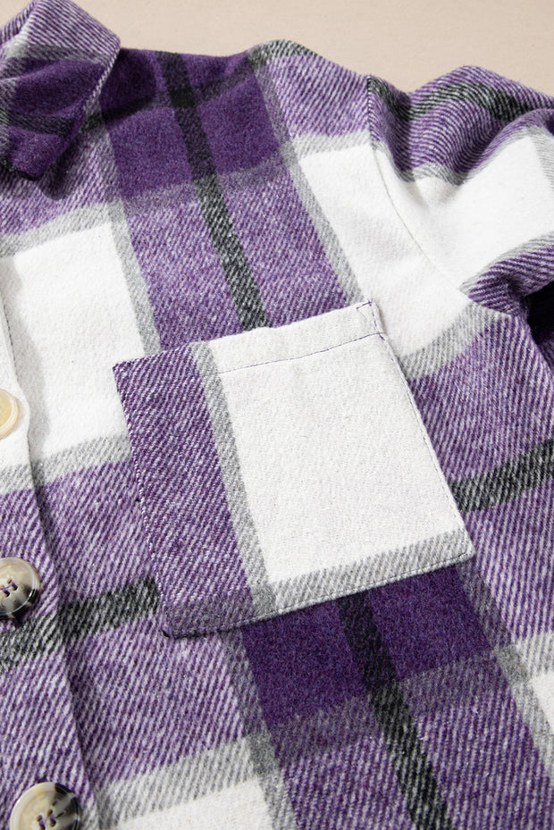 Purple Plaid Color Block Buttoned Long Sleeve Jacket with Pocket