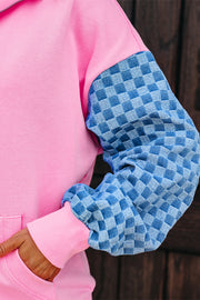 Bonbon Checkered Patchwork Kangaroo Pocket Half Zipper Hoodie