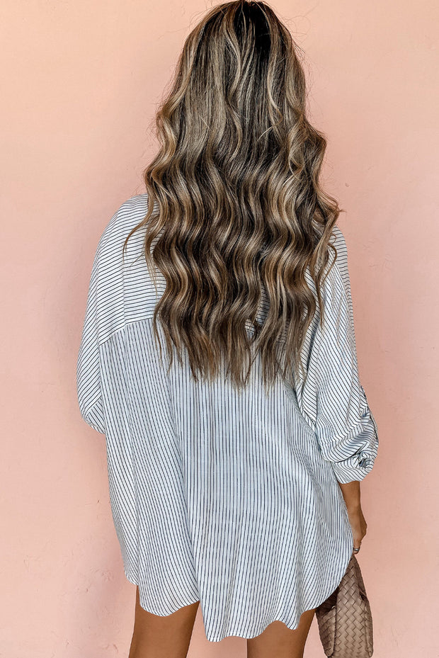 Stripe Roll-tab Sleeve Pocketed Long Shirt