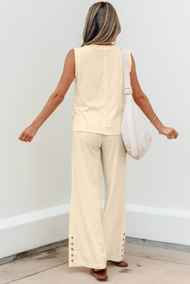 Beige Solid Color Tank Top and Smocked Waist Pants Set