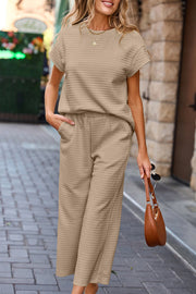 Parchment Solid Color Textured Short Sleeve Top and Casual Pants Set