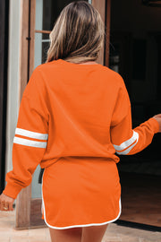 Orange Varsity Stripe Detail Drop Shoulder Pullover Mini Skirt Set