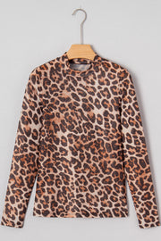 Brown Leopard Mock Neck Long Sleeve Mesh Top