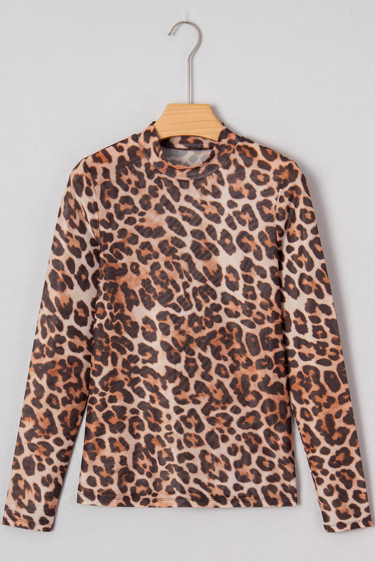Brown Leopard Mock Neck Long Sleeve Mesh Top