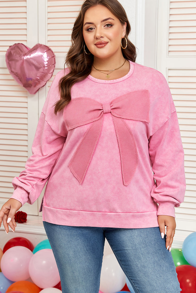 Bonbon Waffle Bowknot Patchwork Graphic Mineral Wash Plus Size Sweatshirt