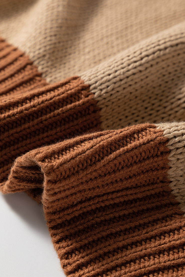 Light French Beige Contrast Stitch Detail Color Block Knitted Plus Size Sweater
