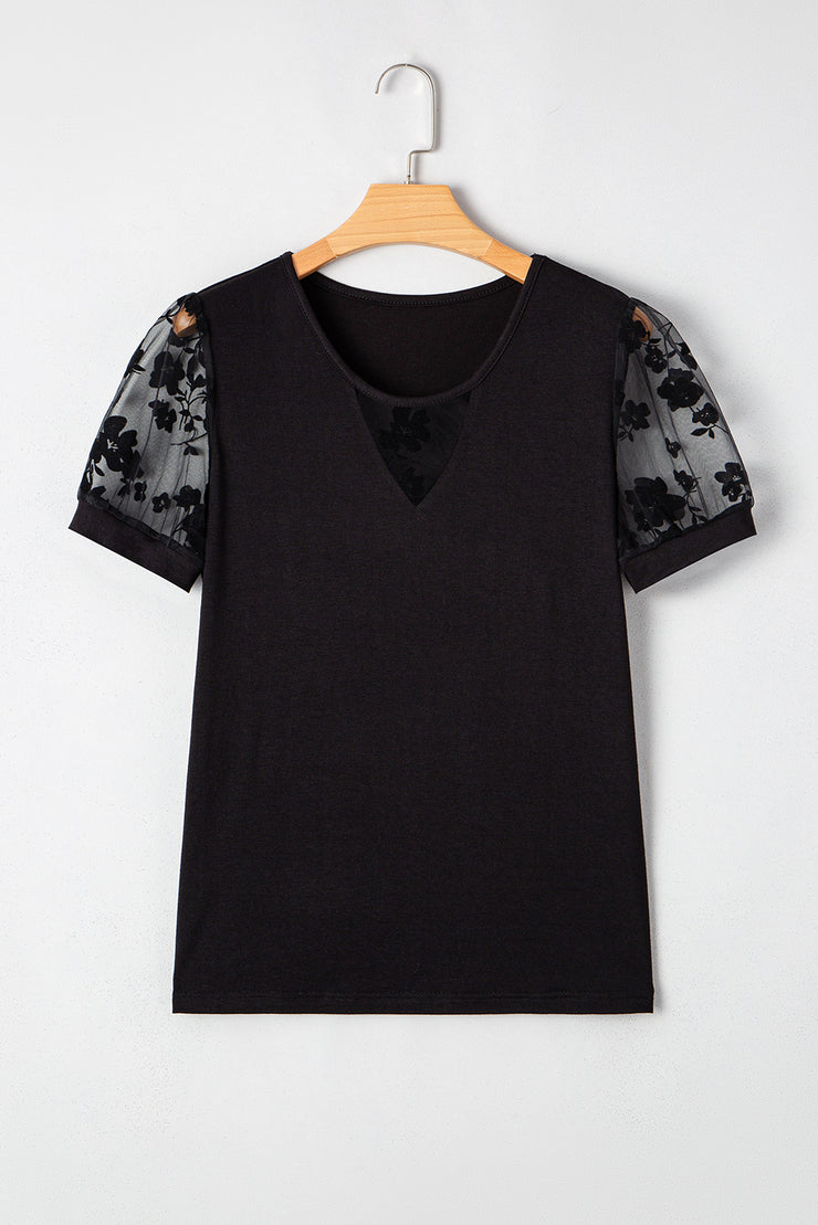 Camiseta de cuello redondo con patchwork de encaje floral negro