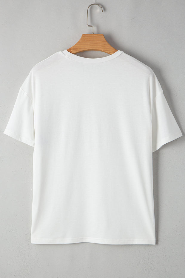 Camiseta de cuello redondo con parches de rayas y lentejuelas blancas para Mardi Gras