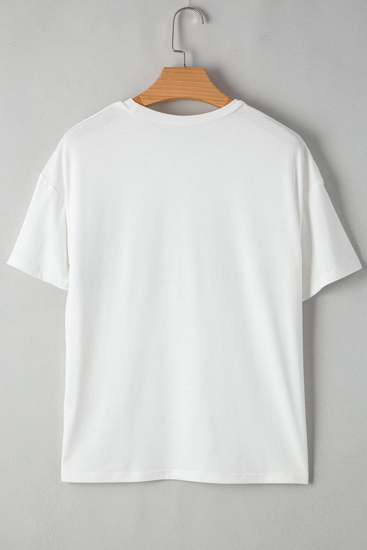 Camiseta de cuello redondo con parches de rayas y lentejuelas blancas para Mardi Gras