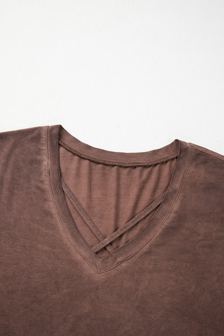 Chestnut Mineral Wash Criss Cross V Neck Casual T Shirt
