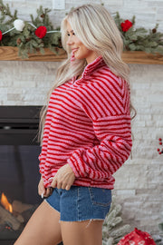 Pink Stripe Quarter Zip Fleece Oversize Sweatshirt