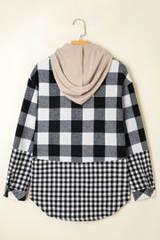 Black Double Plaid Patchwork Drawstring Hooded Shacket
