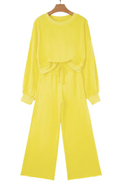 Yellow Cream Drop Shoulder Puff Sleeve Crop Pullover Drawstring Wide Leg Pants Set
