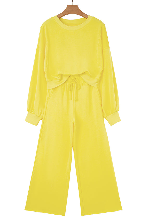 Yellow Cream Drop Shoulder Puff Sleeve Crop Pullover Drawstring Wide Leg Pants Set
