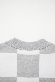 Gray Plus Size Checkered Pattern Button Polo Collar Split Sweater