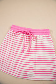 Pink Stripe Collared V Neck Drop Shoulder Pullover and Skort 2pcs Outfit