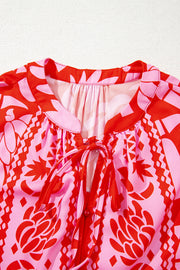 Strawberry Pink Abstract Floral Print Tie Neck Button Decor 3/4 Sleeve Blouse