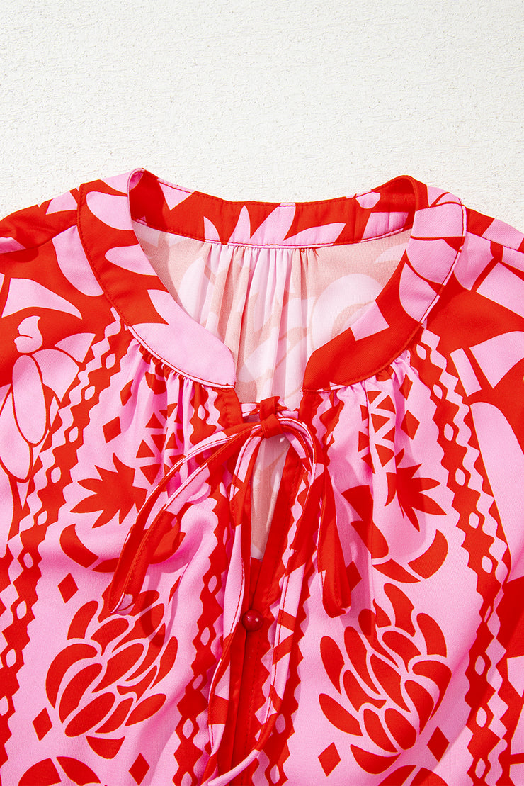 Strawberry Pink Abstract Floral Print Tie Neck Button Decor 3/4 Sleeve Blouse