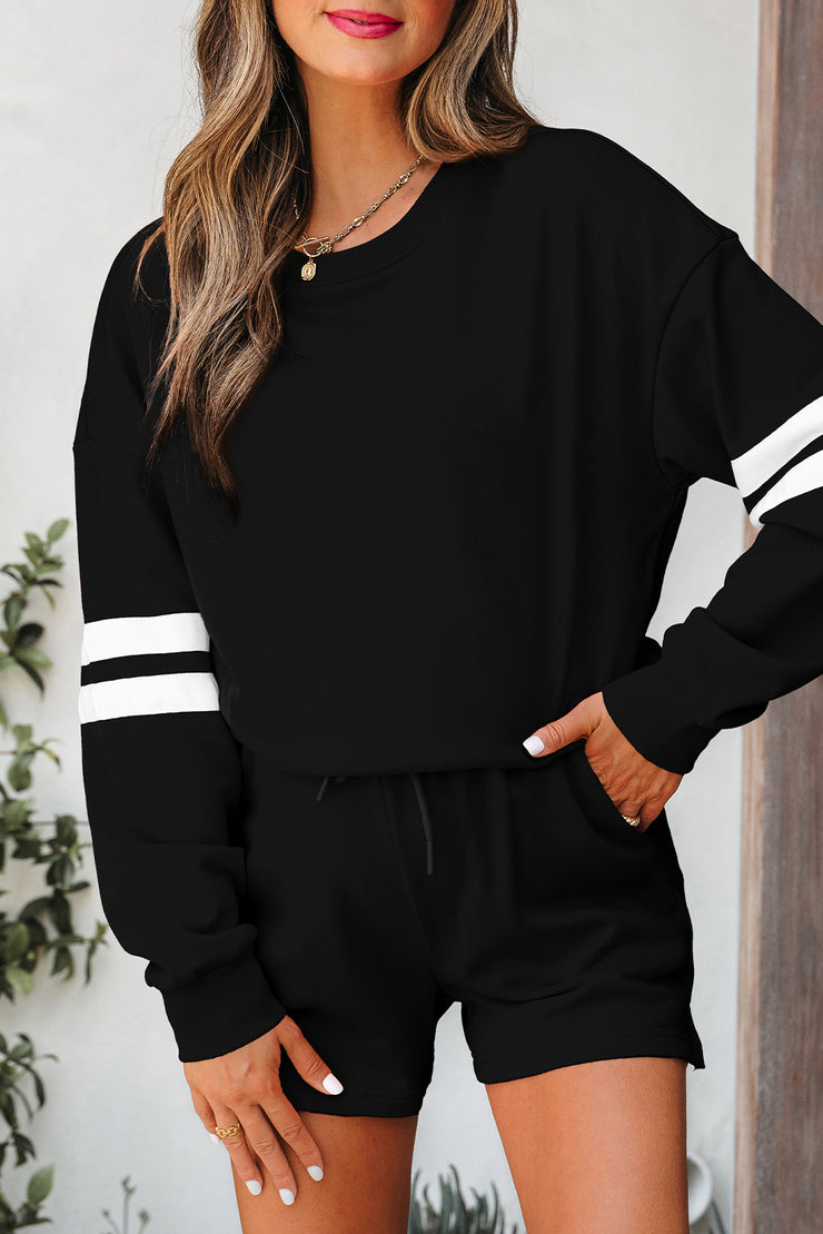 Black Varsity Striped Sleeve Drop Shoulder Sweatshirt and Short Set