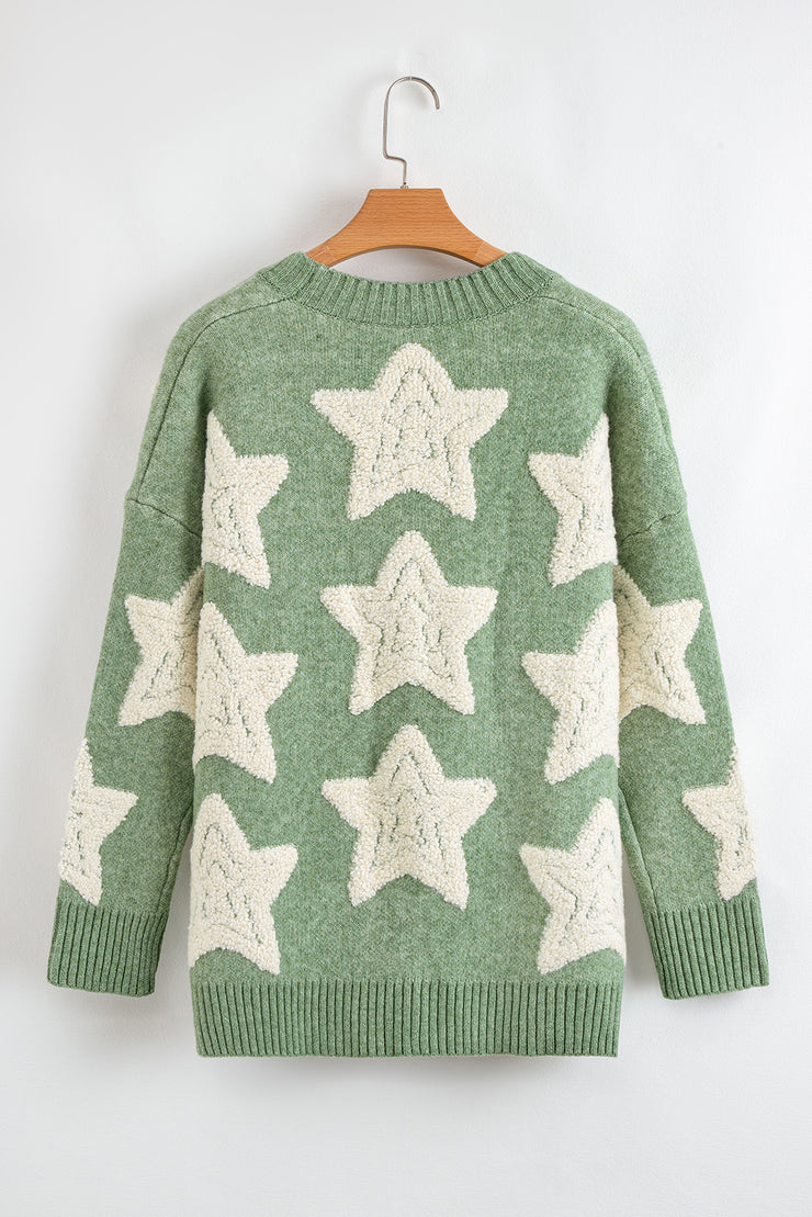 Green Sherpa Star Pattern Textured Sweater Cardigan with Pockets