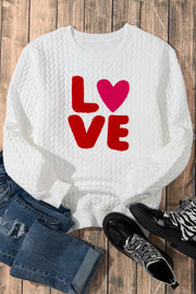 White LOVE Chenille Embroidered Cable Knit Pullover Sweatshirt