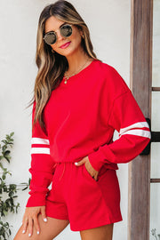 Fiery Red Varsity Striped Sleeve Drop Shoulder Sweatshirt and Short Set