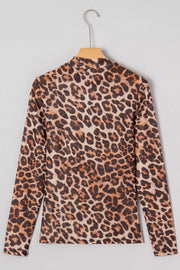 Brown Leopard Mock Neck Long Sleeve Mesh Top