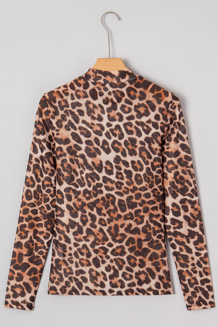 Brown Leopard Mock Neck Long Sleeve Mesh Top