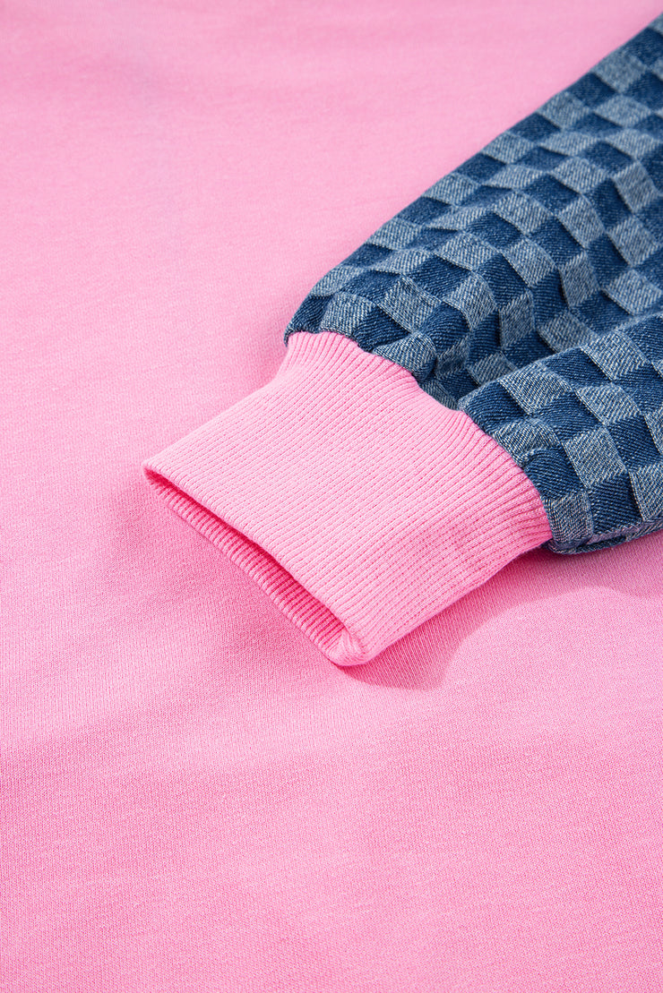 Bonbon Checkered Patchwork Kangaroo Pocket Half Zipper Hoodie