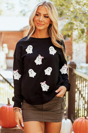 Black Sequin Cute Bow Ghost Graphic Crew Neck Halloween Sweatshirt