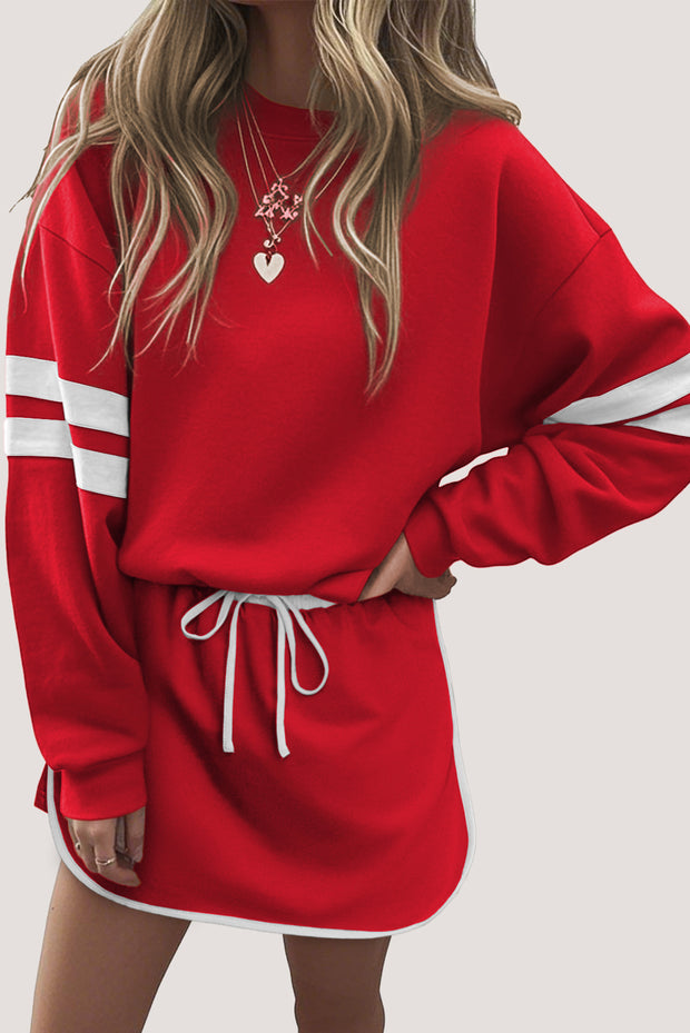 Fiery Red Varsity Stripe Detail Drop Shoulder Pullover Mini Skirt Set