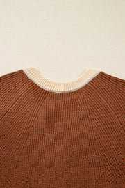 Chestnut Contrast Knit V Neckline Short Cardigan