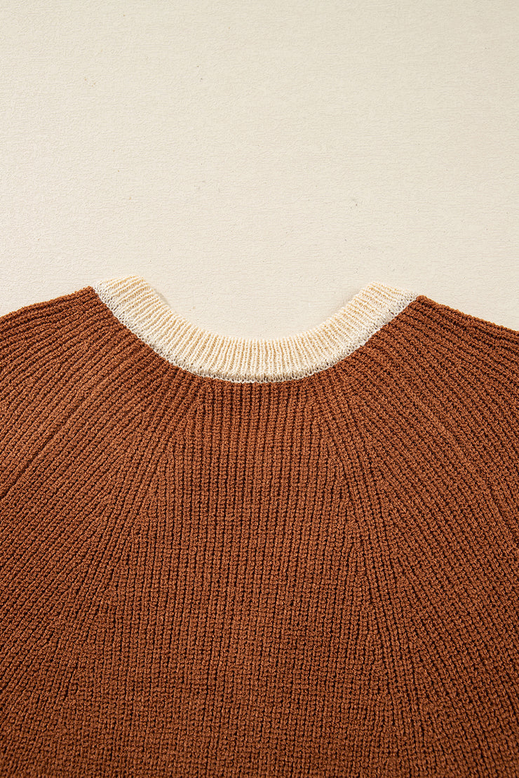 Chestnut Contrast Knit V Neckline Short Cardigan