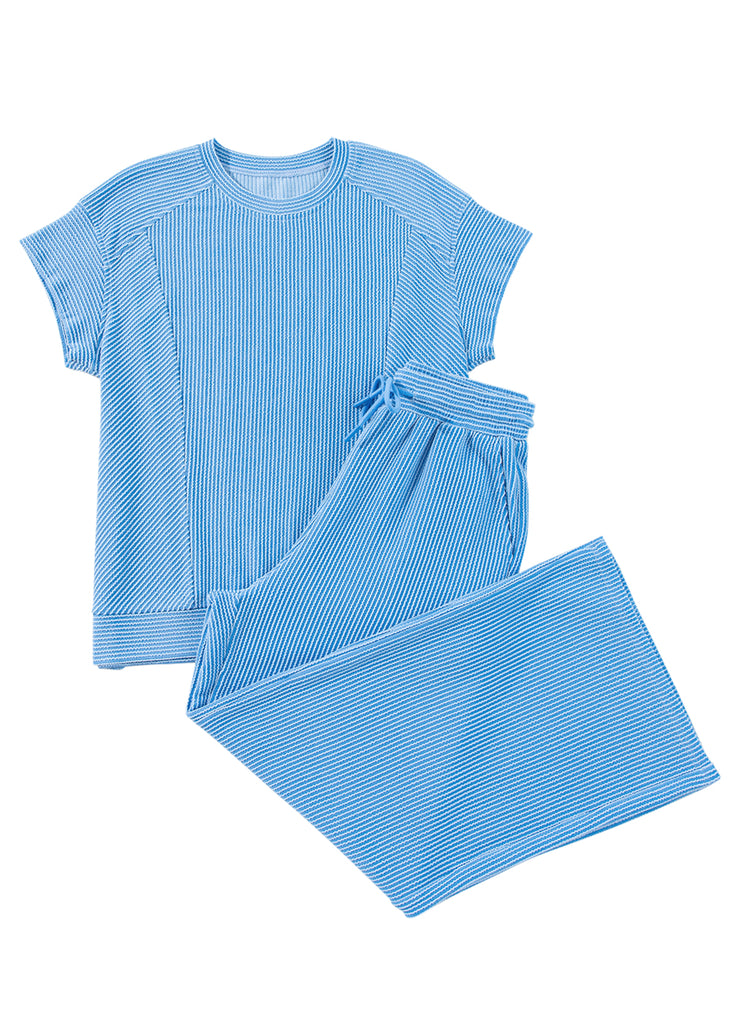 Blue Solid Corded Knit Short Sleeve T Shirt and Wide Leg Pants Set