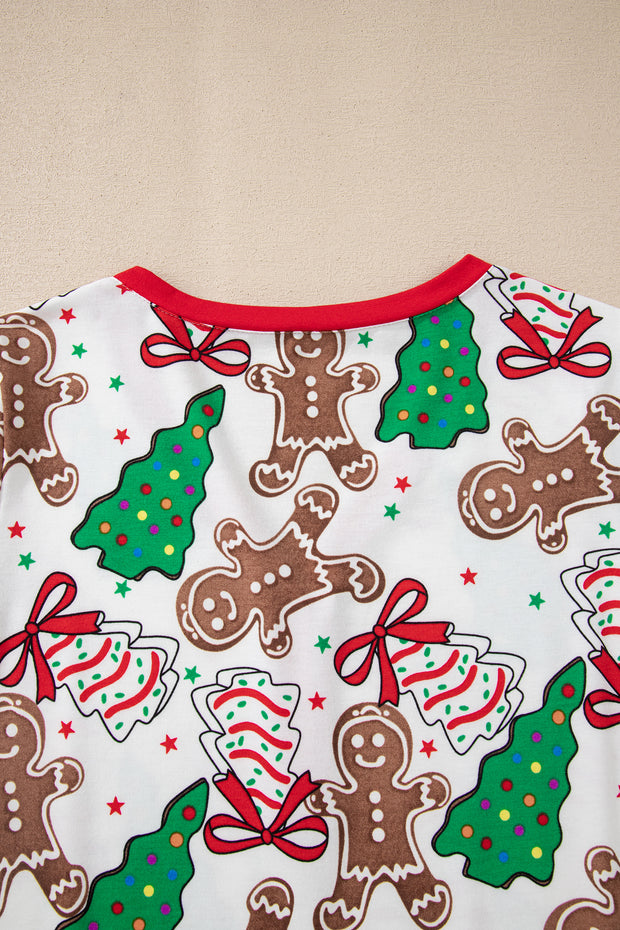 White Christmas Pattern Button V Neck Pullover Drawstring Pants 2pcs Lounge Set