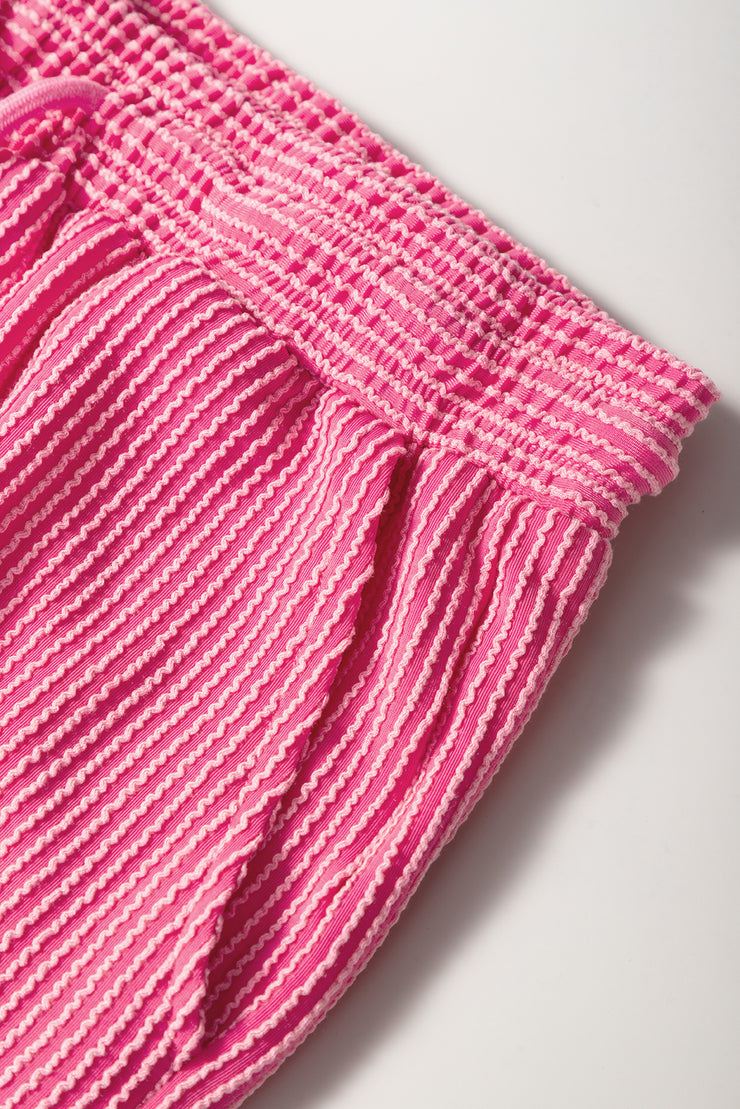 Bright Pink Solid Corded Knit Short Sleeve T Shirt and Wide Leg Pants Set