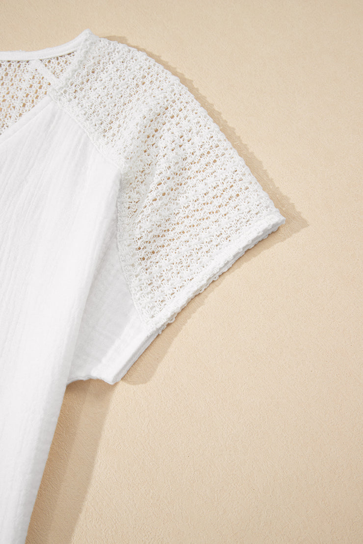 White Lace Crochet Textured Button Back V Neck T Shirt