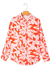 Orange Botanical Print Single Chest Pocket Button Up Shirt