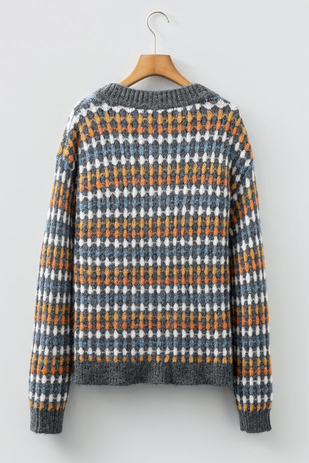 Gray Dotty Pattern Knit Button Front V Neck Sweater Cardigan