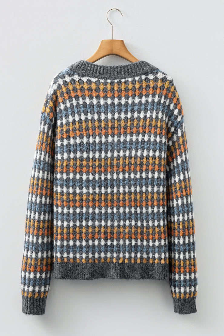 Gray Dotty Pattern Knit Button Front V Neck Sweater Cardigan