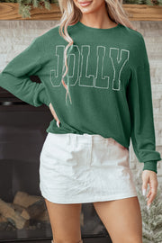 Blackish Green Twisted Rib Outlined Merry Letter Graphic Loose Long Sleeve Top