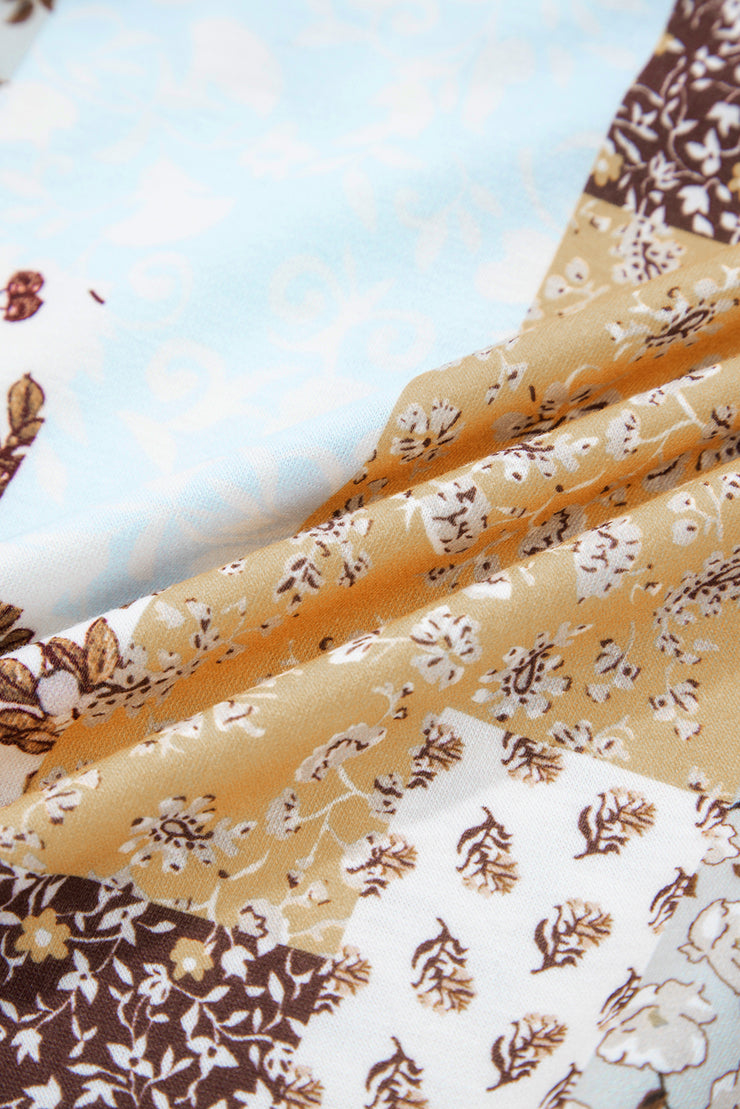 White Floral Printed Contrast Patchwork Long Sleeve Top