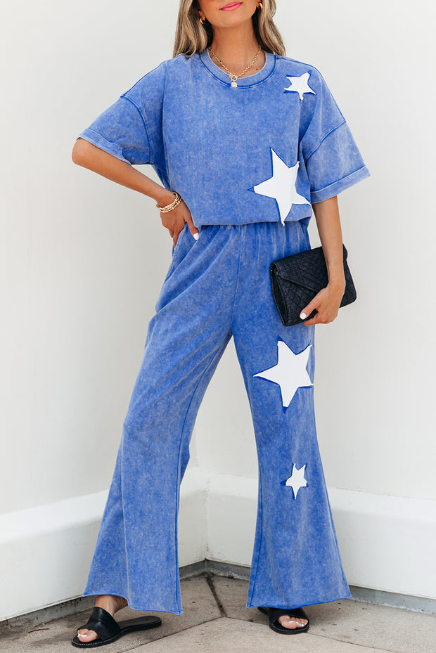 Ashleigh Blue Acid Wash Star Patched Rolled Trim Pants Set